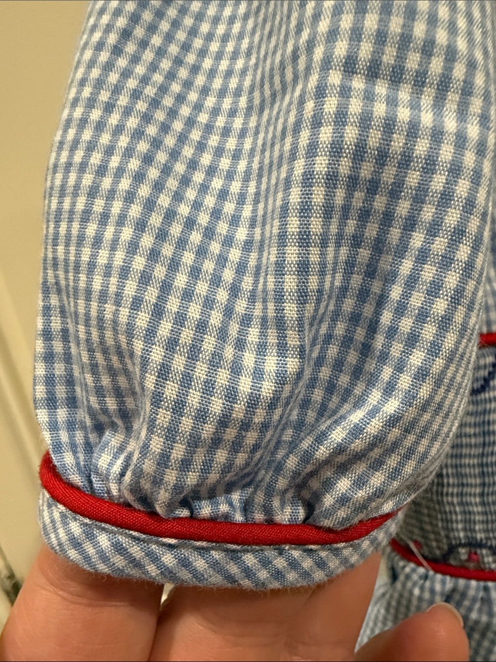 Little English Light Blue Gingham Dress with Smocked London Bus Detail - Picture 6 of 8